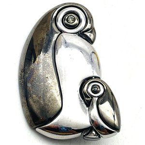 Liz Claiborne Signed Adult and Baby Penguin Brooch Silver Tones Classic Birds